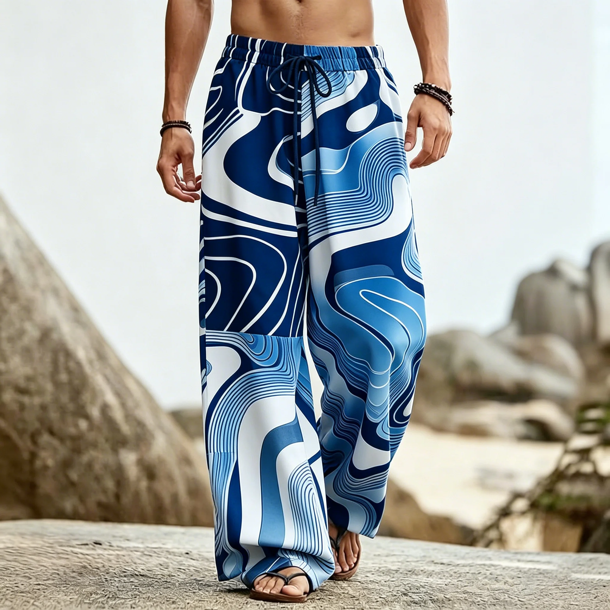 

Men's Abstract Wave Gradient Print Drawstring Wide Leg Pants, Casual Loose Trousers for Spring Summer Beach & Daily Wear