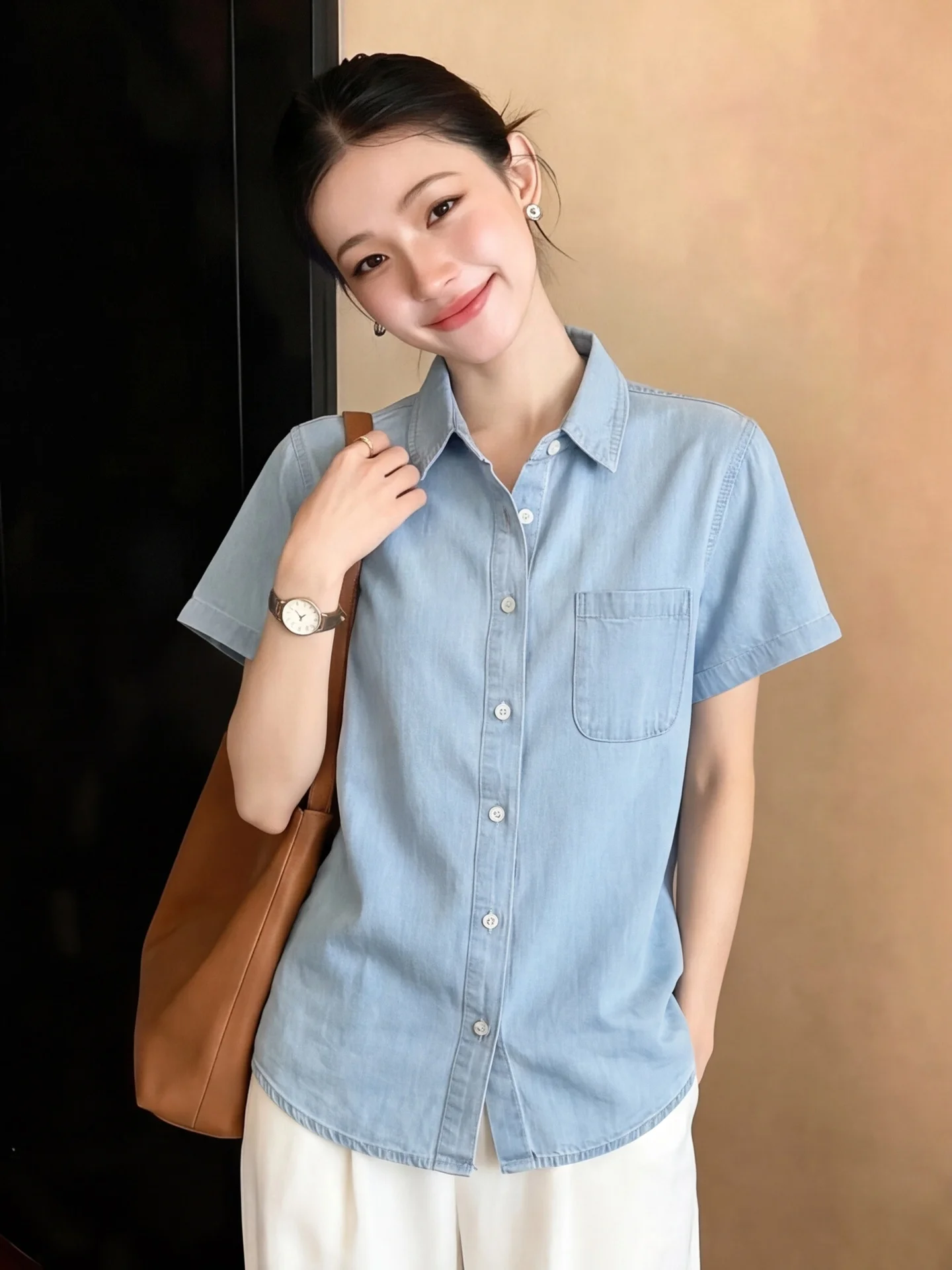

Light Blue Short Sleeve Collar Denim Shirt Women's Commute Style Breathable Polyester Casual Fashion Summer New Arrival