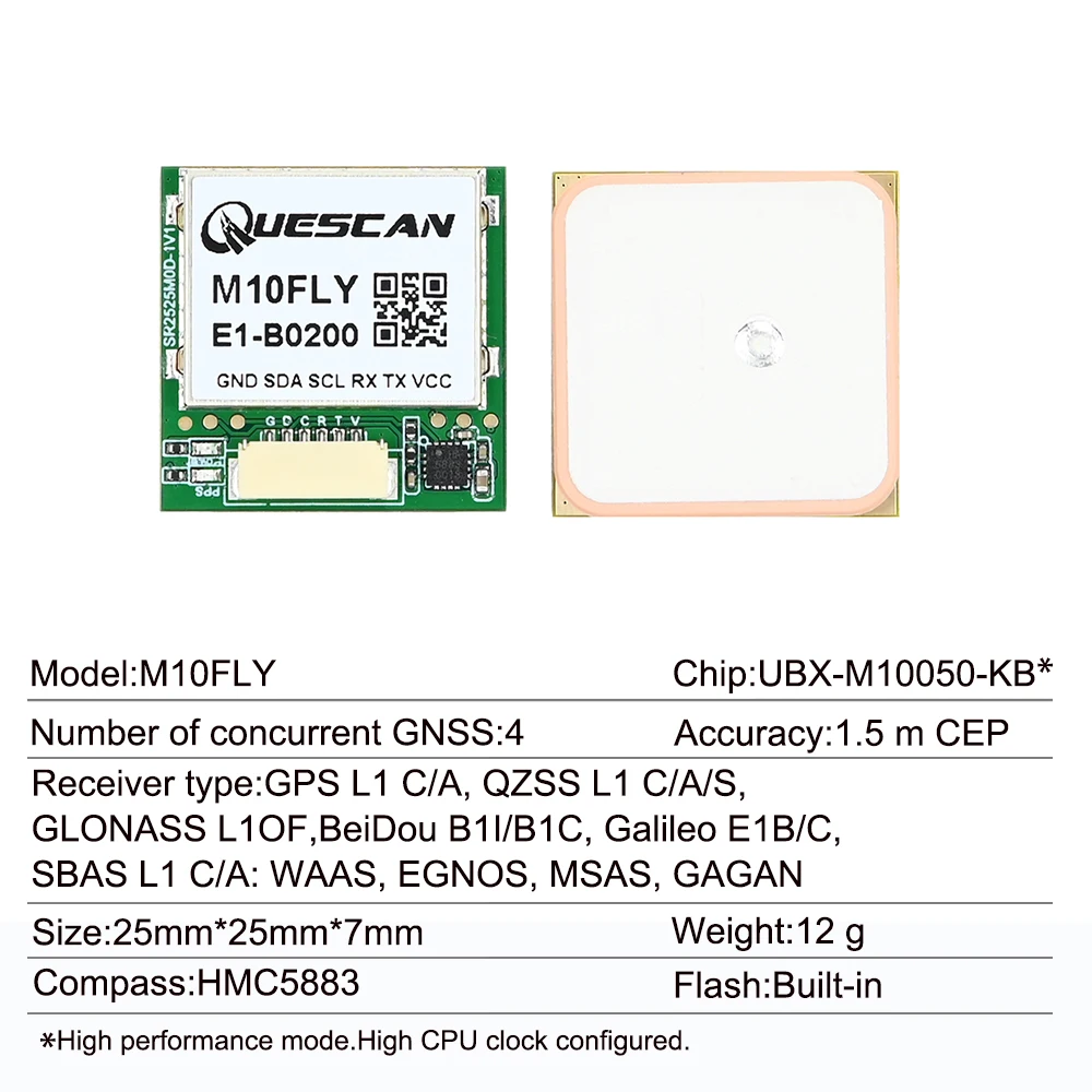 QUESCAN M10FLY 10Hz UBX-M10050-KB M10 GPS GNSS Module with Compass Support GPS Galileo GLONASS BeiDou QZSS SBAS,25mm*25mm