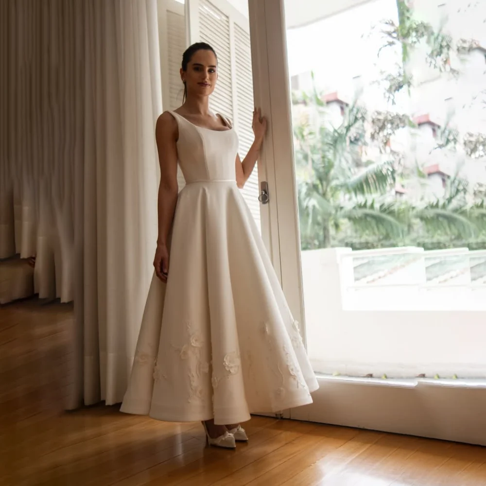 Customized White Satin Wedding Gown Square Neck Sleeveless A‑Line Midi Dress 3D Floral Pearl Beaded Formal Evening Gown