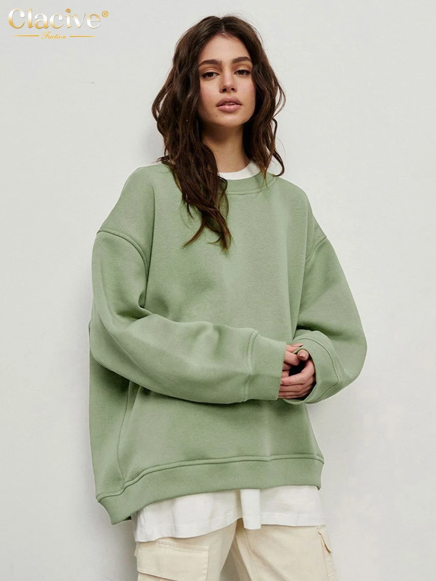 Clacive Fashion Loose Pink Cotton Hoodies Woman 2025 Winter O-Neck Long Sleeve Hoodie Elegant Oversize Solid Top Female Clothing