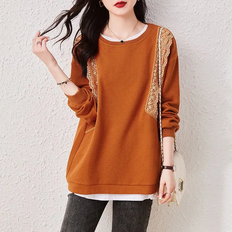 Fashion Lace Patchwork Pullovers Female Clothing Casual Round Neck Spring Autumn Commute Long Sleeve Korean Loose Sweatshirts