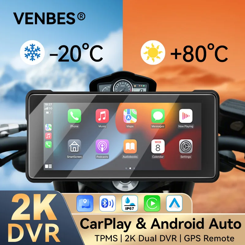 

VENBES Motorcycle Carplay 6.86" Wireless Carplay Android Auto Portable Tire Pressure Monitoring Waterproof Navigation Screen
