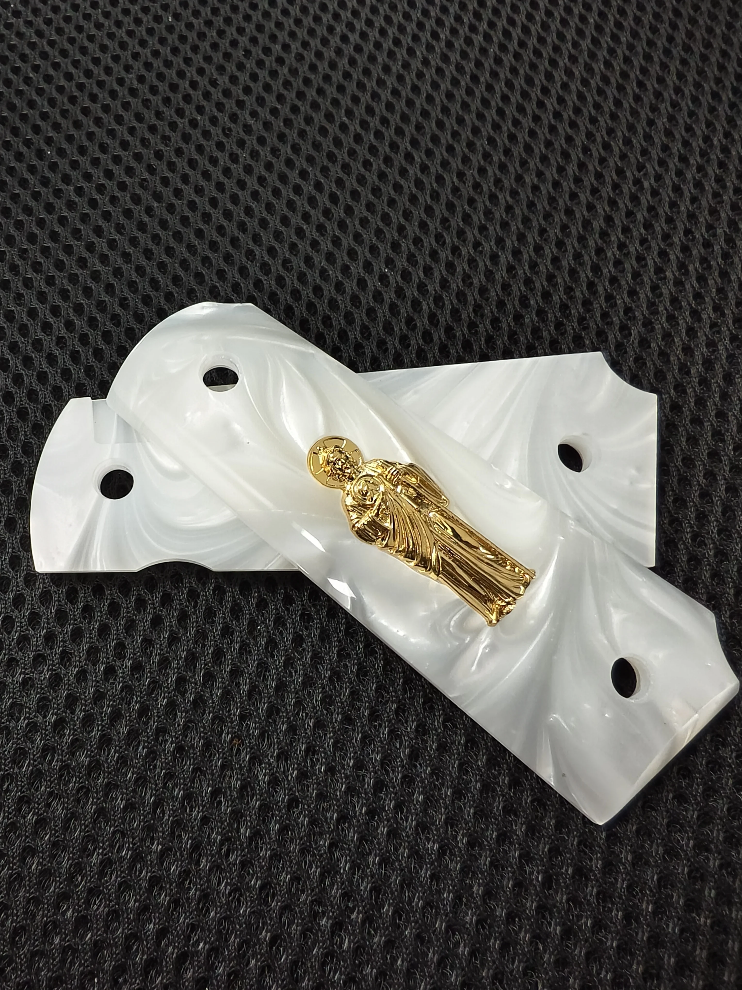 1911 Grips Full Size,White pearl with Gold Saint Jude ,Fits Colt,Kimber,Springfield,Remington,Rock Island,Government Commander
