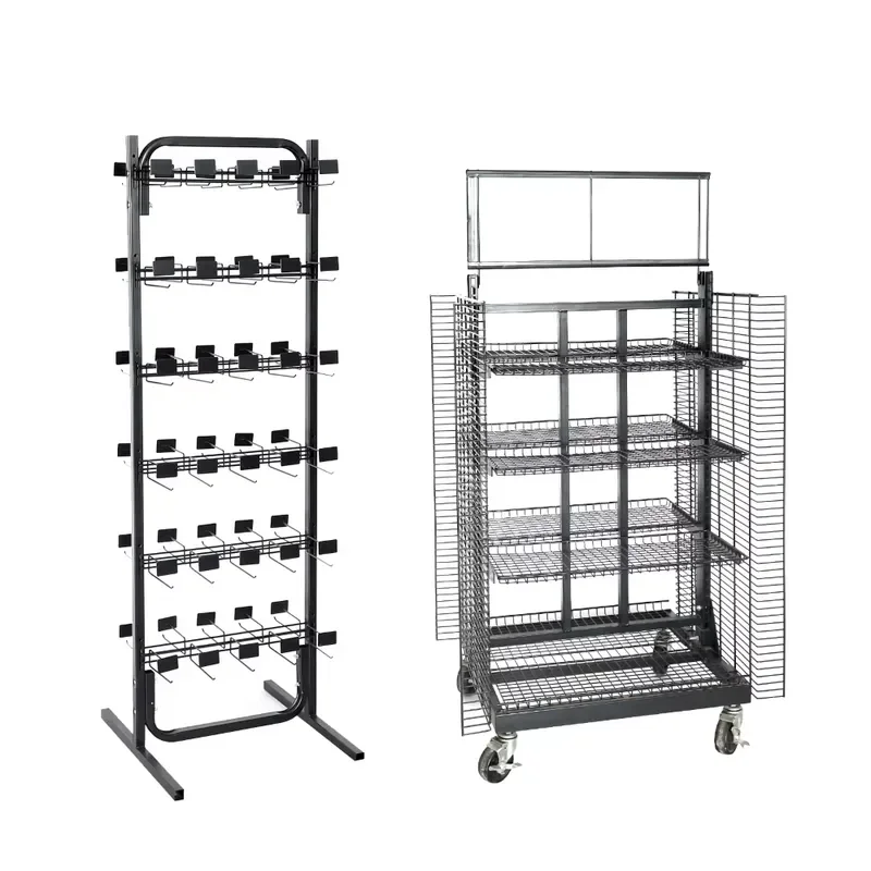 4 Tier Movable Grid Panel Display Rack with Hooks Rectangular Opening Shelf for Retail Store Product Hanging Organizer Stand