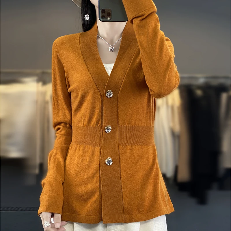 

Pure wool cardigan women's V-neck versatile waistband solid color knit autumn and winter loose fitting top casual coat