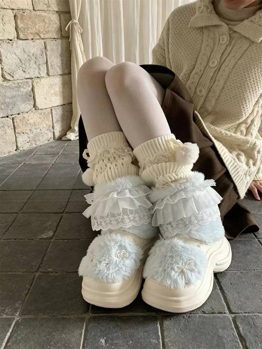 2026 Winter Y2K Sweet Lolita Plush Snow Boots Elegant Lace Bow Thick-soled Warm Short Boots Cute Lightweight Daily Cos Shoes