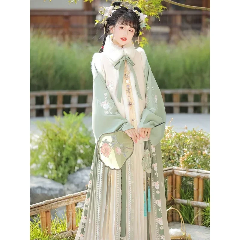 

3 Colors Ming Dynasty Cute Winter Chinese Hanfu Dress Set Thicken Velvet Round Collar Rabbit Element Improved 4Pc hanfu Skirt