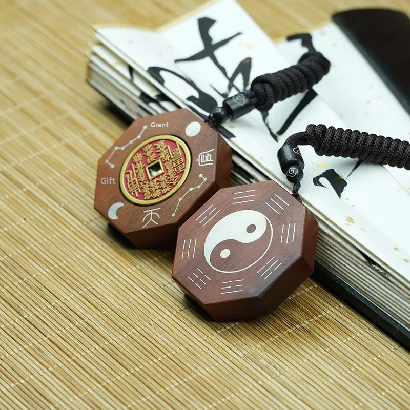 Chinese Traditional Lucky Thunder Struck Jujube Wood Silver Inlaid Mountain Ghost Coin Bagua Pendant Unisex Car Hanging Amulet