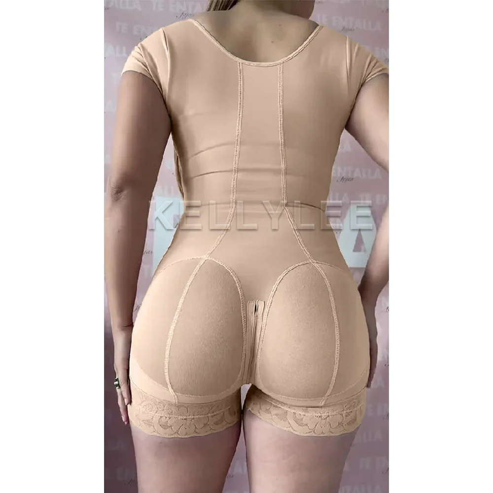 Open-Chest Half-Sleeve Smooth Tummy Control Shapewear Postpartum Fajas Colombianas Shapewear with Zipper Modeling Soft Home Wear