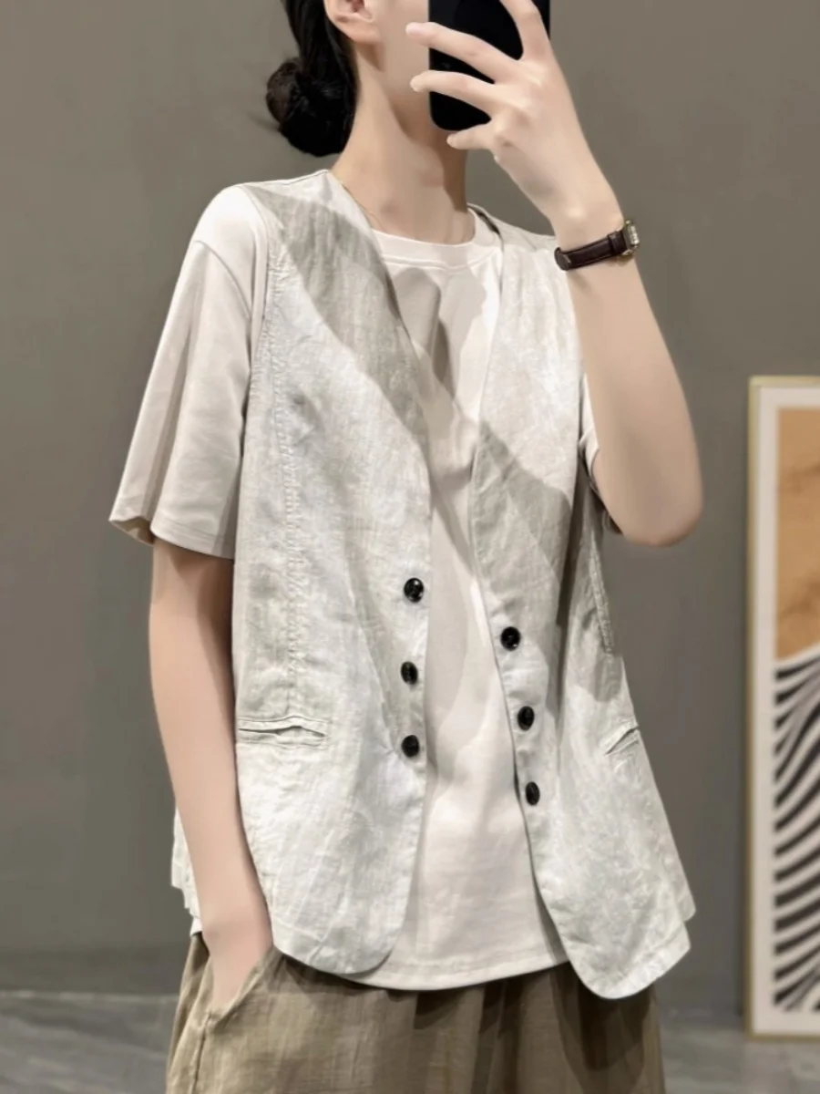 

Summer 2024 Casual Loose Linen Vest Women's Cotton Linen Svel oulder Pad Commute Sle V-ne ort Length Pure Color