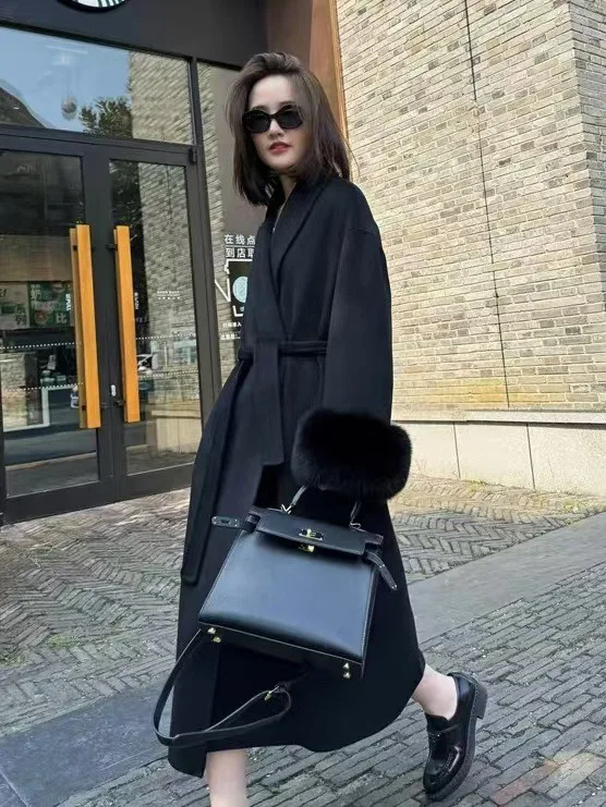 معطف نسائي من الصوف الخالص عالي الجودة على الوجهين مع فرو حقيقي، حزام، أصفاد قابلة للفصل، فرو الثعلب، سترة كشمير أنيقة