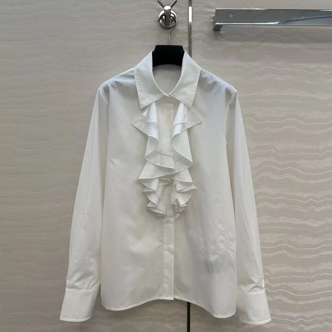 

French Elegant Lady 2025 New Autumn Retro White Cotton Shirt Women Lapel Ruffles Decoration Long Sleeve Loose Casual Cute Tops
