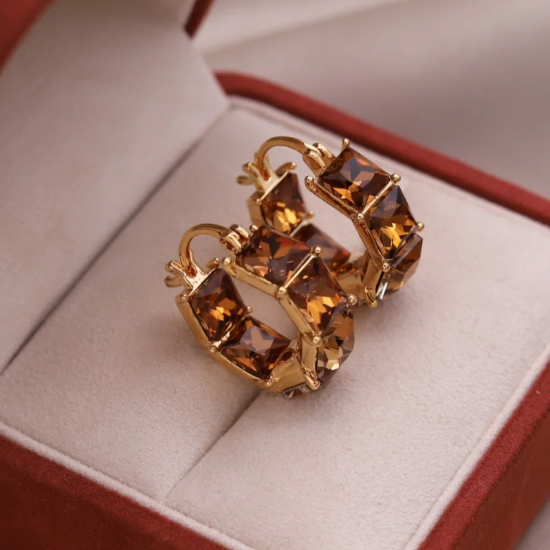 Korean new design fashion jewelry 14K gold plated square brown K9 crystal earrings elegant women's party shiny accessories