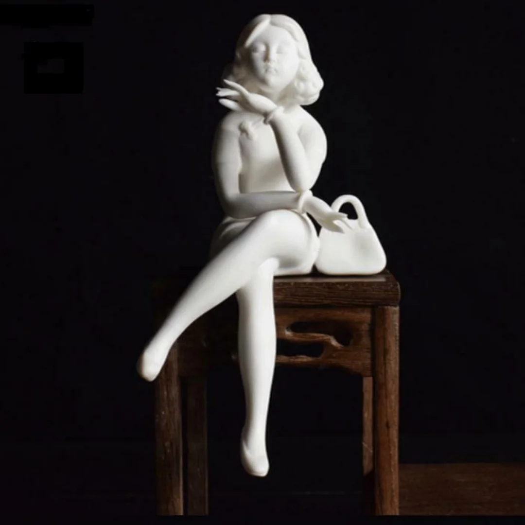 Chinese White Porcelain Ceramics Chi-pao Beautiful Woman Figurine Statues 6.6"