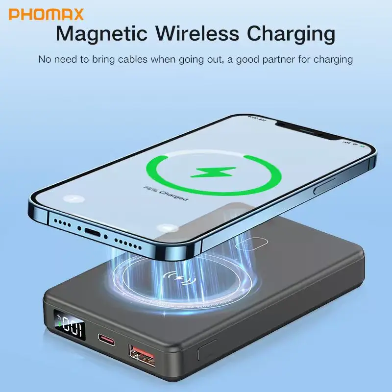 

PHOMAX 10000mAh Magnetic Power Bank 22.5W Fast Charging Portable External Battery Ultra Thin Safe Wireless For iPhone Huawei