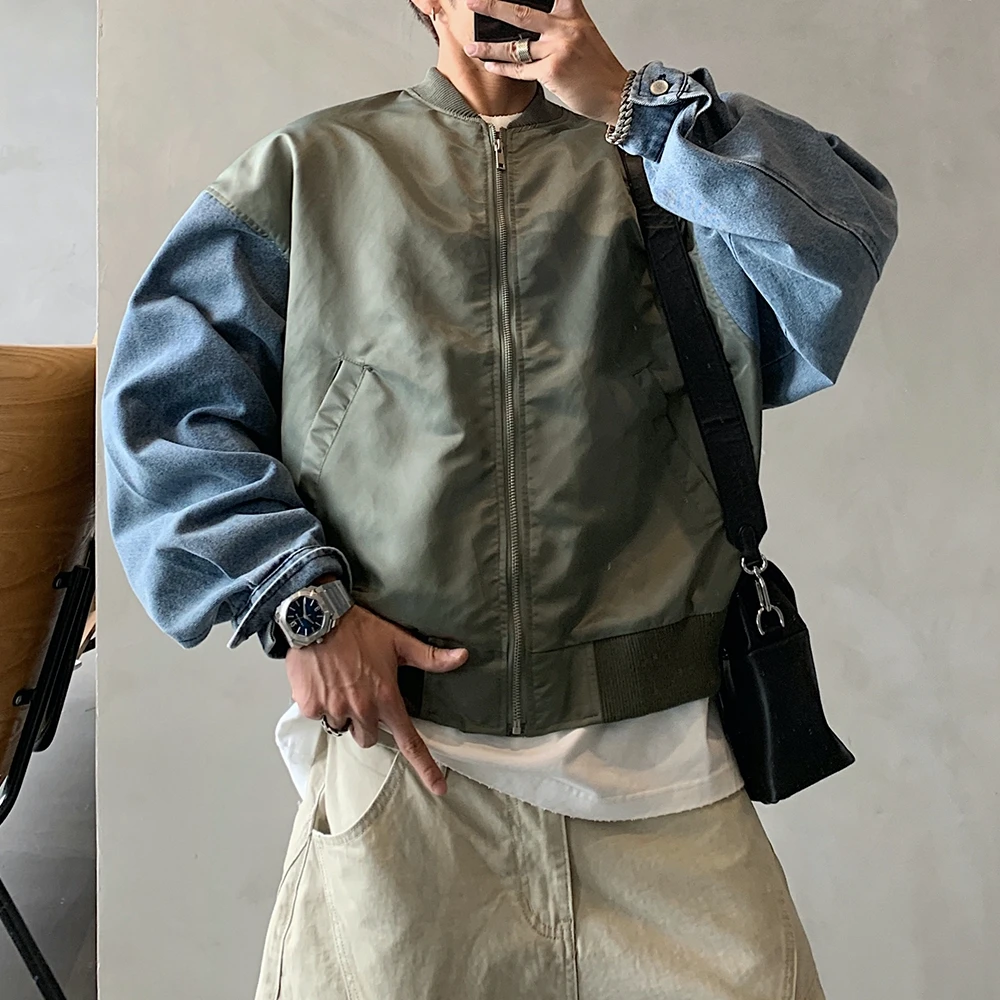 韓国スタイルアメリカンデニムパッチワークボンバージャケット男 - Vintage Urban Fashion のレビューと価格