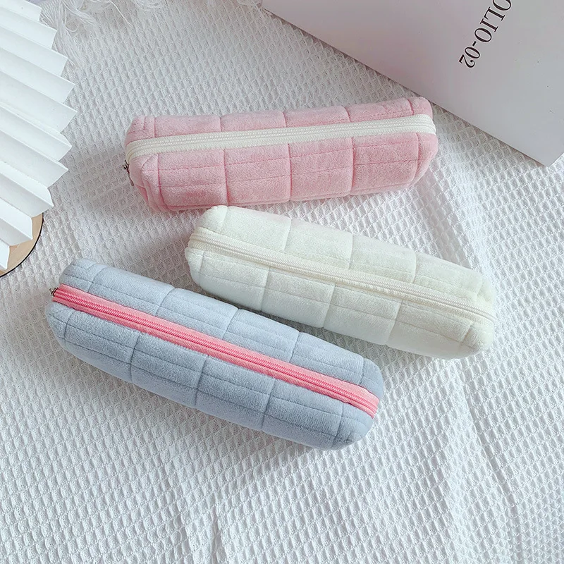 1PC Japanese Cute Macaron Color Pillow Shape Pencil Case Soft Brushy Portable Kawaii Student Pen Bag Lovely Girl School Supplies