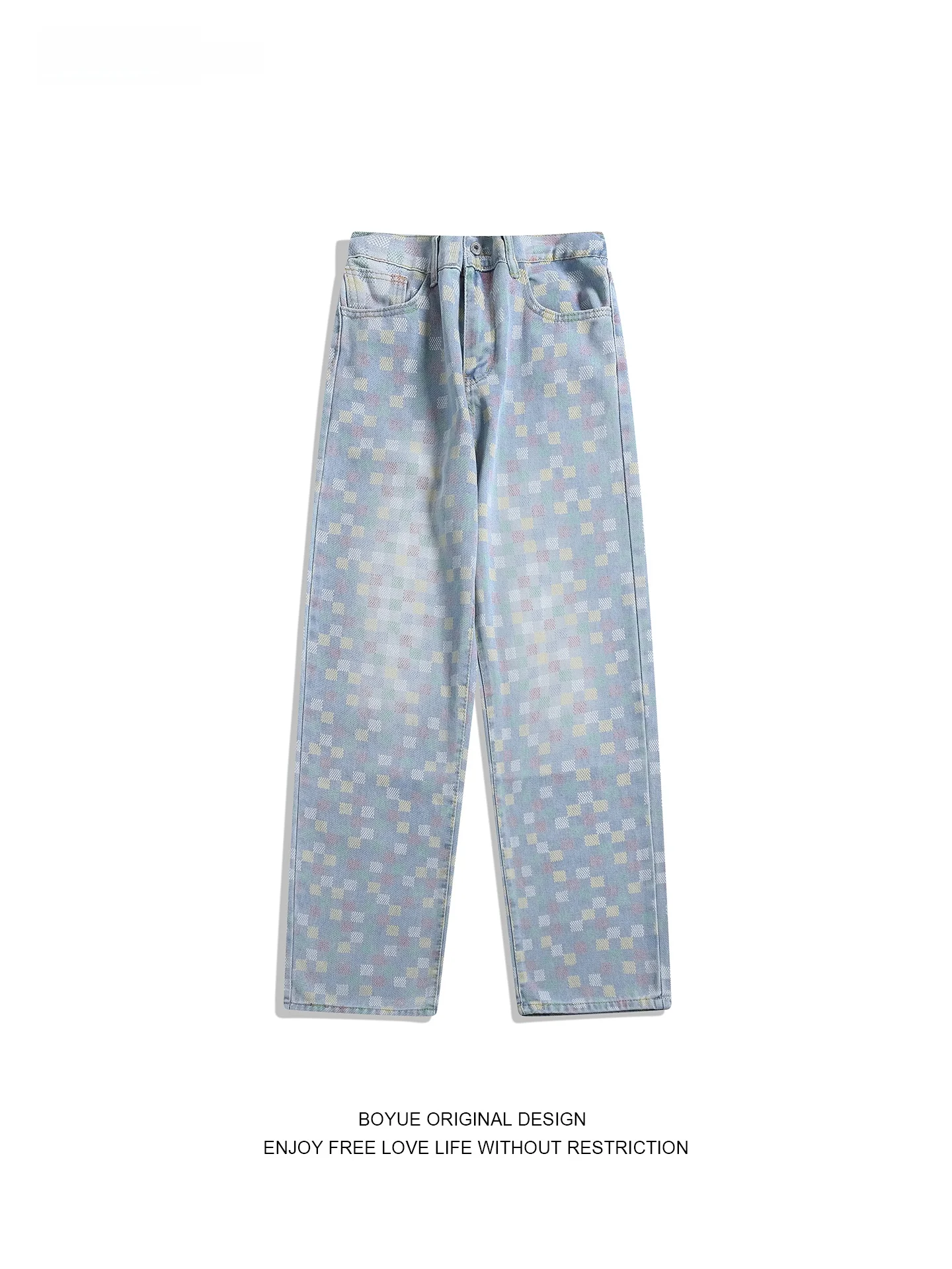 

Boyue American Retro Plaid Straight Leg Denim Jeans ex High Street Faion Design Wide Leg Pants Casual Cotton P...