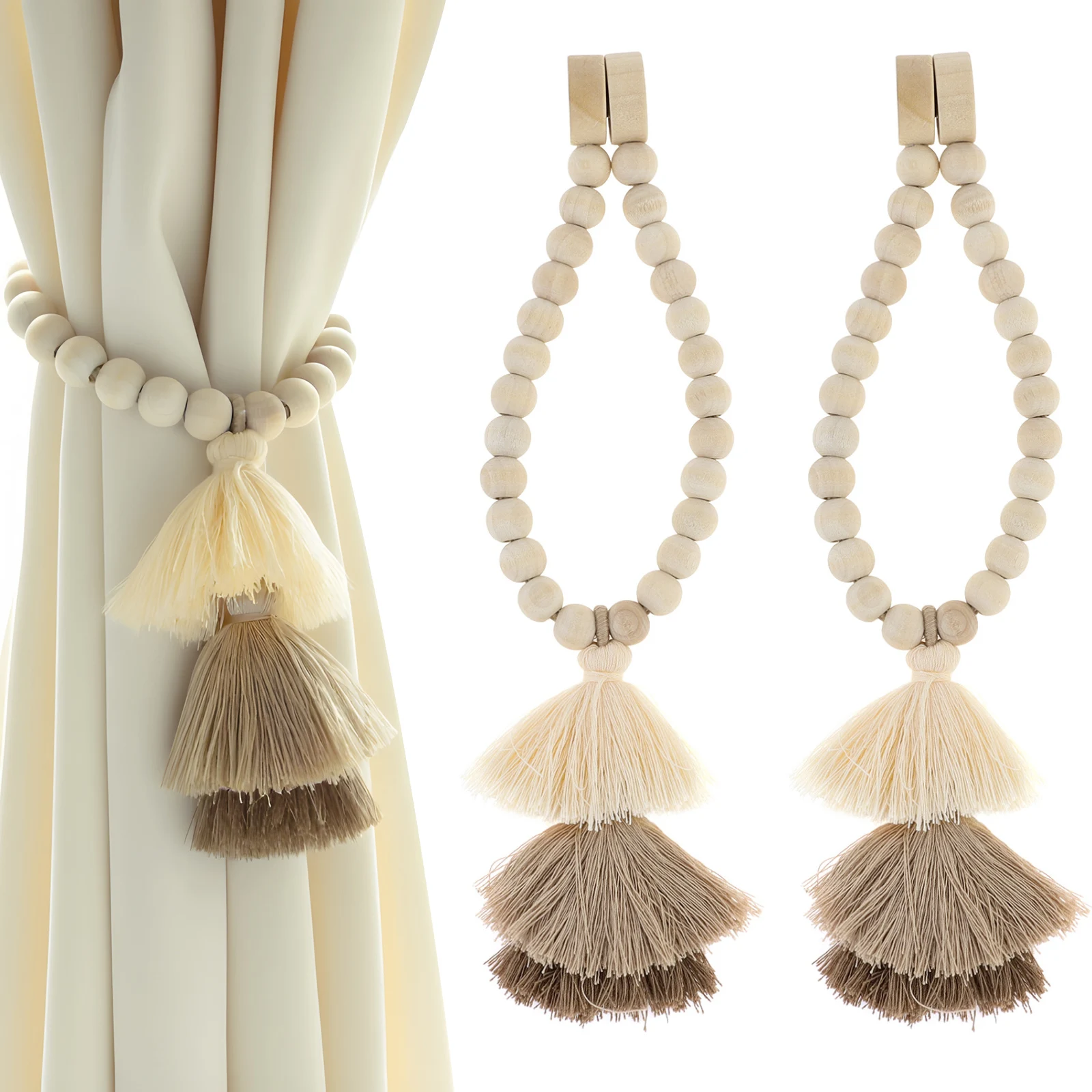 

2pcs Curtain Tieback for Bedroom Window Treatment Wall Wall Decoration Drapery Handmade Magnetic Wooden Bead Curtain Holdbacks