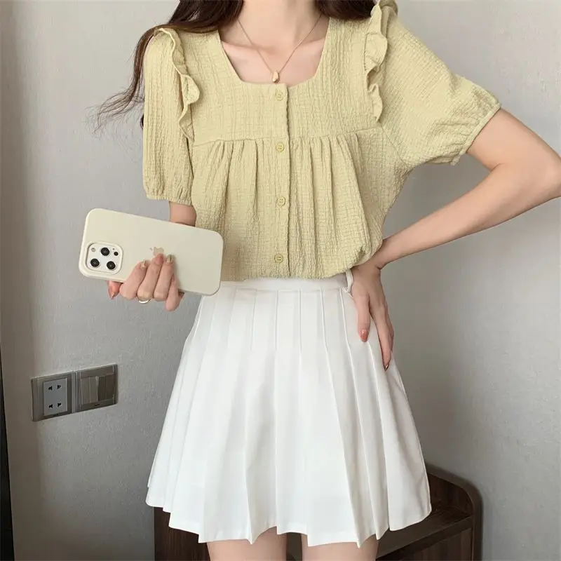 Ruffles Shirts Women S-3XL Puff Sleeve Sweet Solid All-match Ladies Temperament Summer Casual Fashion Ulzzang Korean Style Chic