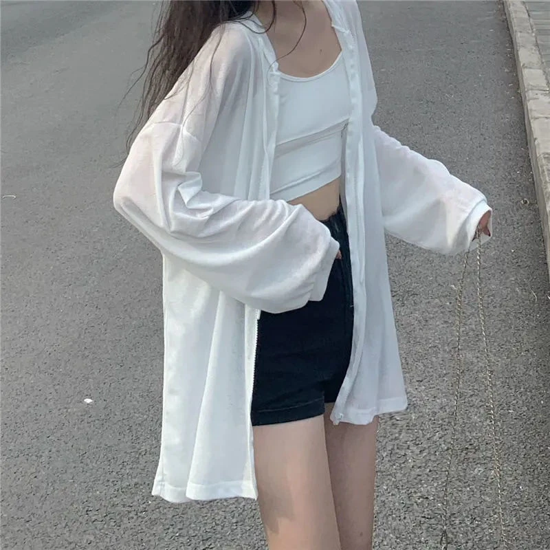 

Women's Summer Loose Long Sleeve Hooded Sun Protection Cardigan Fashionable Style Cotton Color Commute Wind Coat
