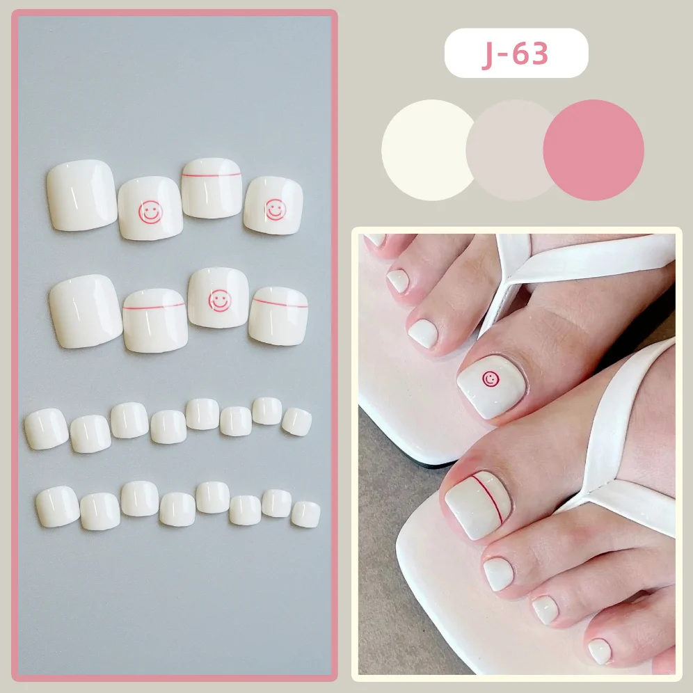 24 Red White Symbol Fake Toenails Artificial Full Coverage Waterproof Wearable False Toe Nails Finished Removable Press on Nails