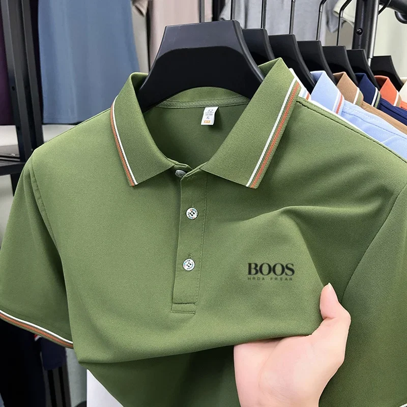 Men's Summer Letter Embroidered Polo Shirt Breathable High Density Fabric Casual Short Sleeve Collared Tops