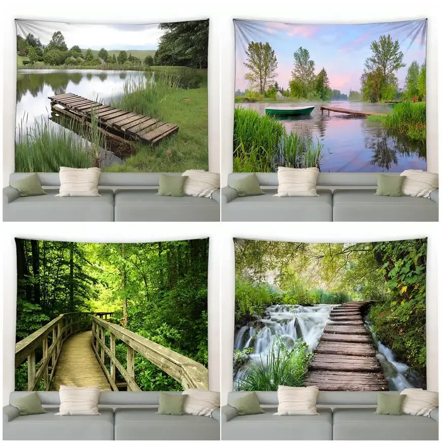 Rural Nature Landscape Tapestry Forest Plant Rustic Wooden Bridge Waterfall Fabric Wall Hanging Living Room Bedroom Garden Decor