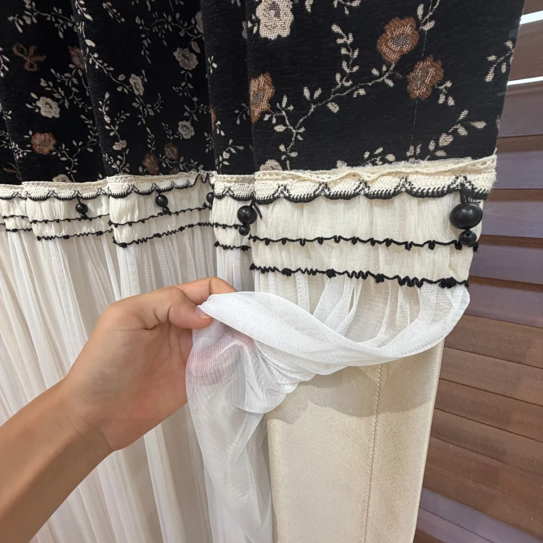 FarmhouseVintageBlackRoseFloralCurtainLinen‑TextureDrapesWithLaceBeadRuffleHemFrenchCountryCurtainsForBedroomLivingRoom