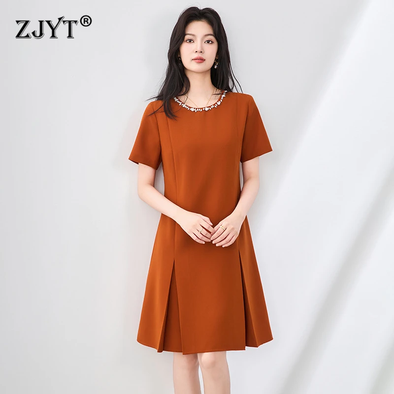 

ZJYT Women's Fashion Summer Casual Dress Short Sleeve Elegant Beading O Neck Solid Knee Length Simple Dresses Office Party New