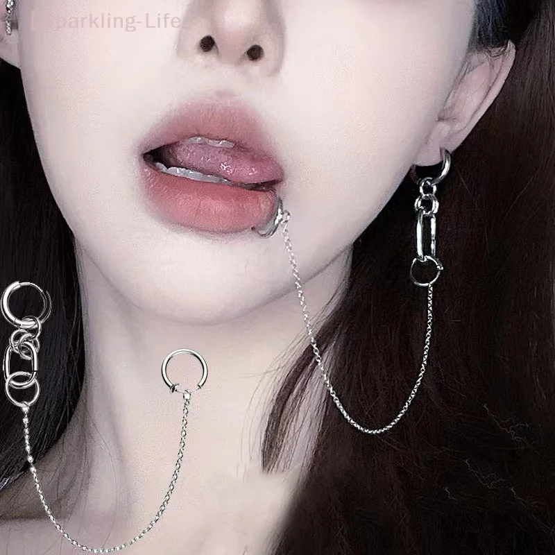 Punk Chain Earring Cool Style Fake Perforated Lip Clip Earrings Integrated Nose Clip Tassel Earrings Fashion Jewelry Accessories