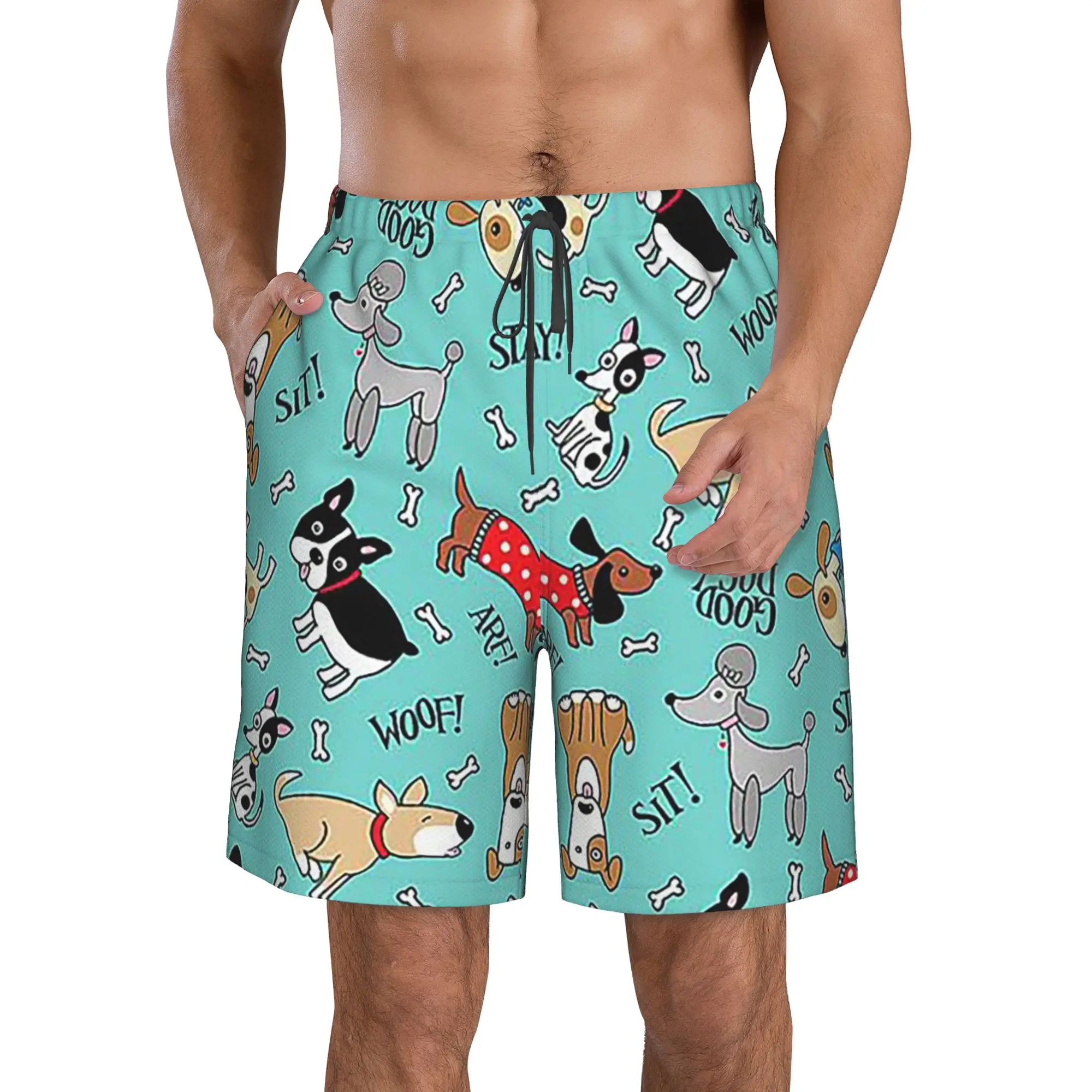 Big Eared Dog Letter Woof And Bones Trunks Beach Board Shorts Casual Quick Dry Swimming Summer Men Pants