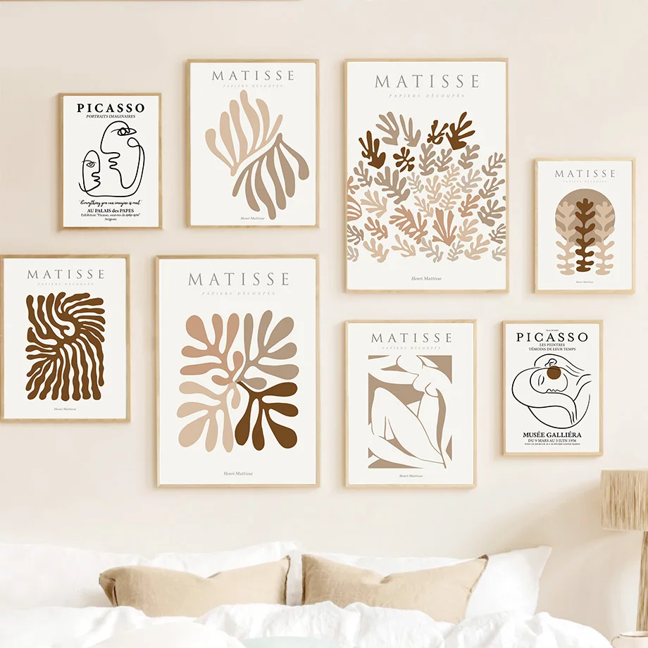 Matisse Picasso Wall Art Neutral Brown Abstract Canvas Print Boho Matisse Cut-Outs Posters Minimalist Pictures Living Room Decor