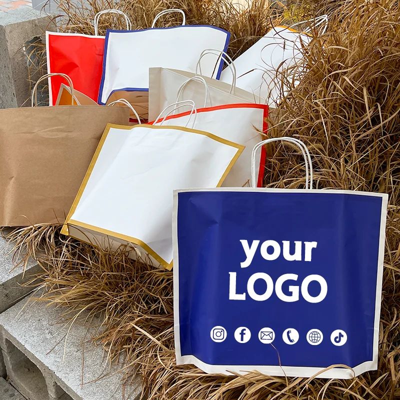 100pcs Customized Portable Kraft Paper Clothing Store Printed Logo Eco-Friendly Bags Party Customized Gift Packaging