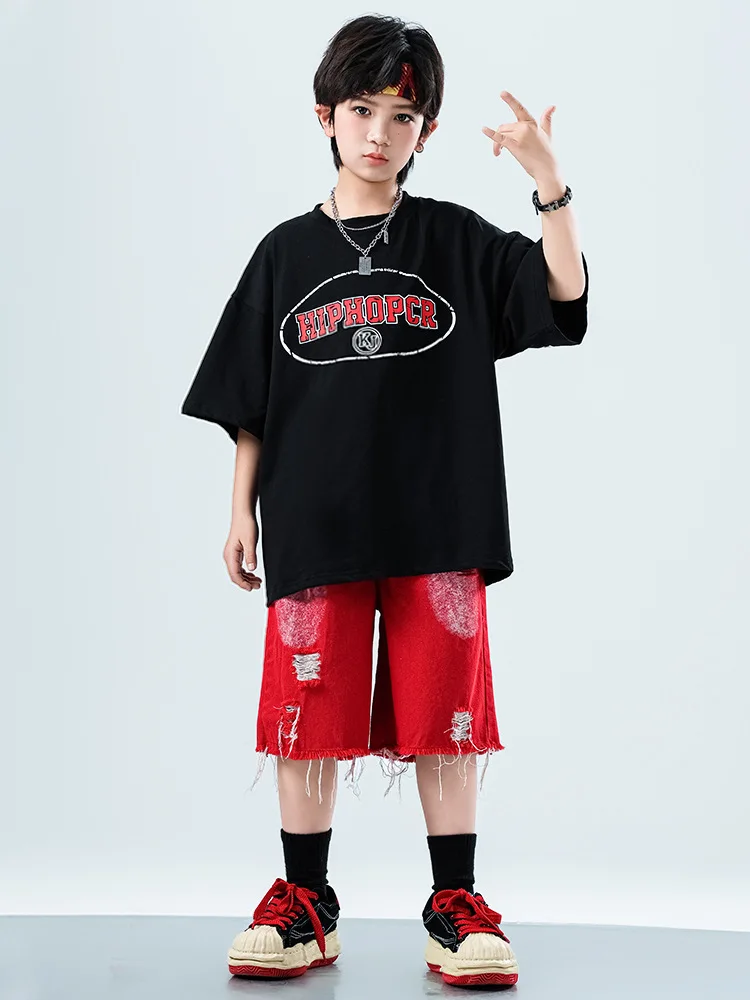 Kid Kpop Hip Hop Clothing Black Letters T Shirt Red Casual Ripped Distressed Shorts for Girl Boy Jazz Dance Wear Costume Clothes