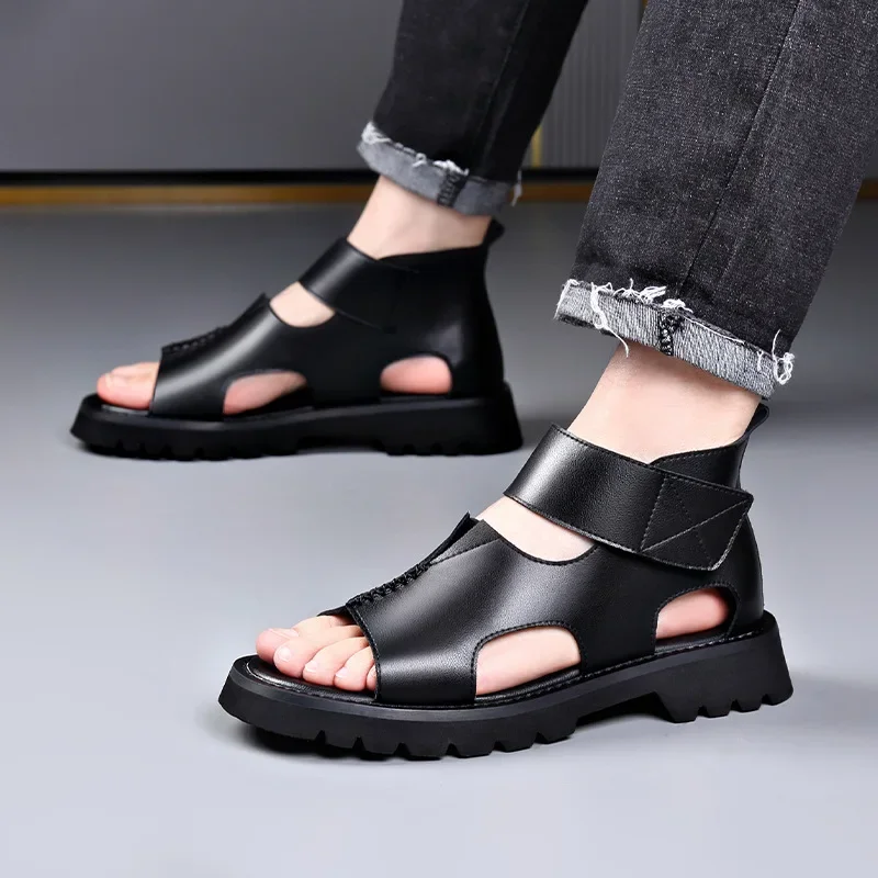 Cow Leather Sandals for Men 2024 Summer New Designer Big Size Increase Roman Beach Shoes Male Fashion Casual Black Sandals Man