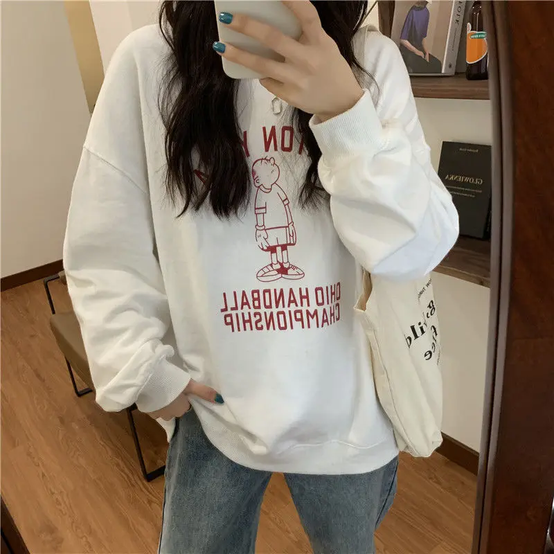 

Women Clothing White Vintage Street Sweatshirt Hoodie Letter Printing Long Sleeves Casual Warm Oversize Baggy Ladies Tops Autumn