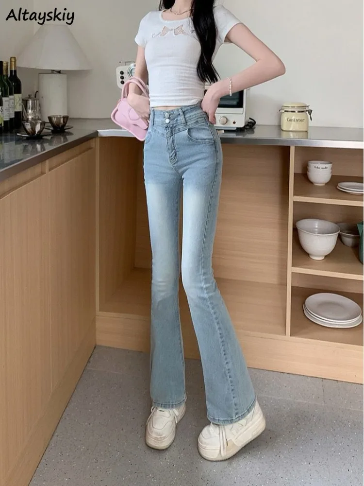 กางเกงยีนส์ผู้หญิงลูกไม้สไตล์อเมริกัน Flare Skinny DENIM เอวสูงฤดูใบไม้ร่วงฤดูหนาวสีฟ้าเรียวความยาวชั้นสไตล์ Girlish หวาน