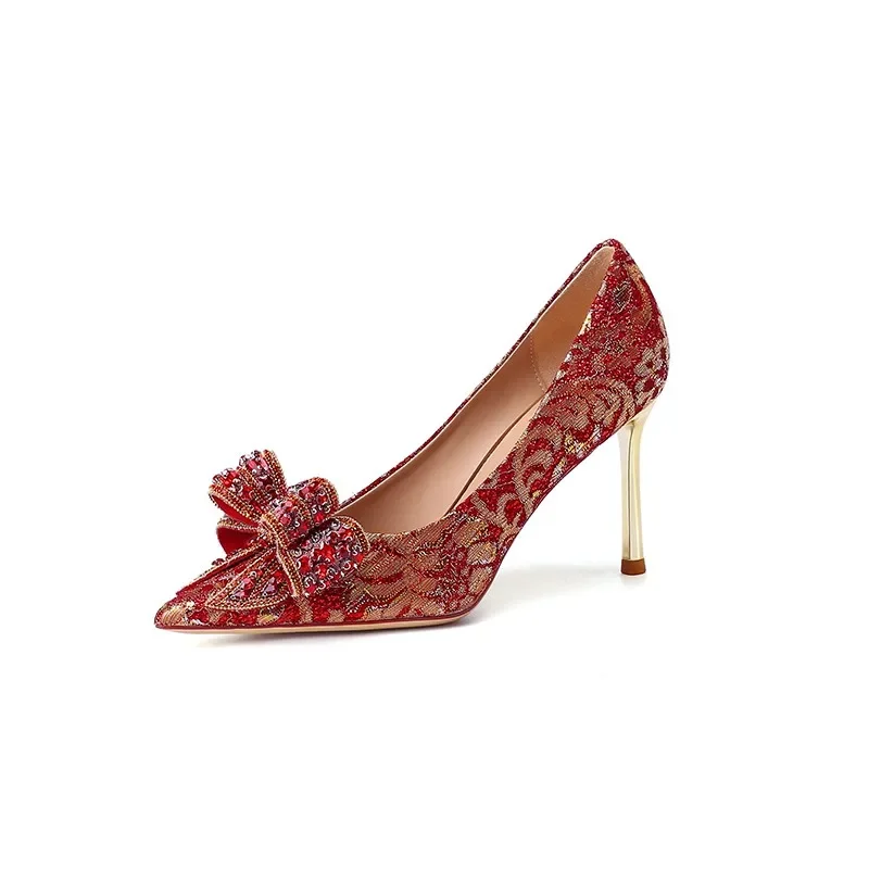 New Red Wedding Shoes for Women with Thin Heels, Pointed Bow, Crystal Chinese Style, Not Tiring Feet, Bride High Heels