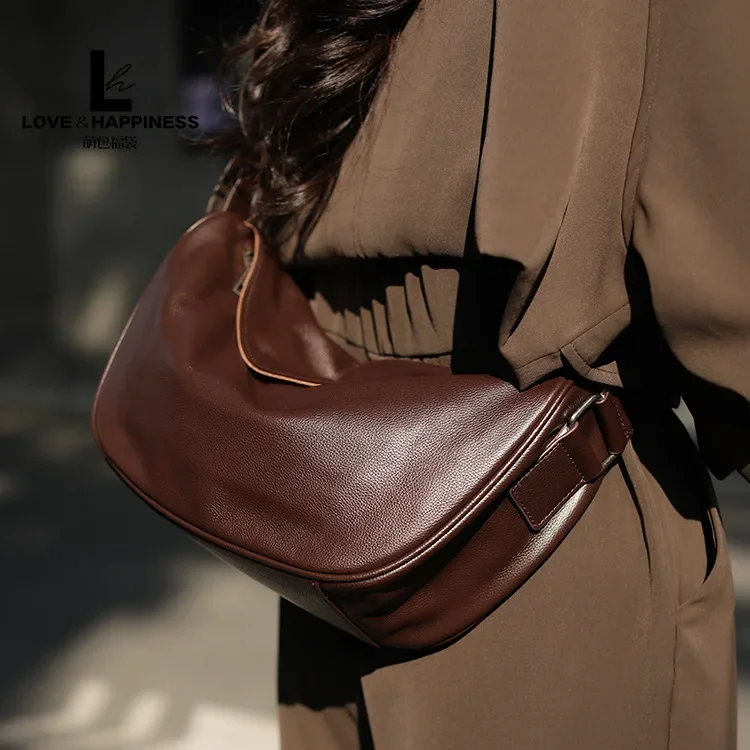 High Quality Genuine Leather Crossbody Luxury Handbag for Women, Large Capacity Shoulder Bag, Cowhide Retro Fashion Saddle Bag