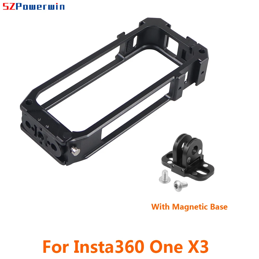 Powerwin CNC Metal Frame Housing Case for Insta360 One x3 X2 Protective Cage Shell Cover with Magnetic Adapter Mount Cold Shoe