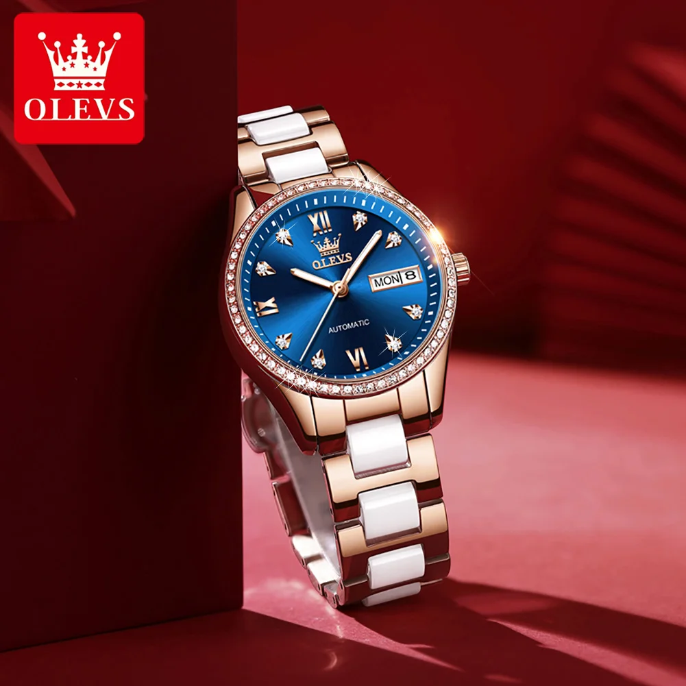 OLEVS 6637 Automatic Watch Women Diamond Dial Dual Calendar Display Waterproof Luminous Elegant Leather Strap Mechanical Watches