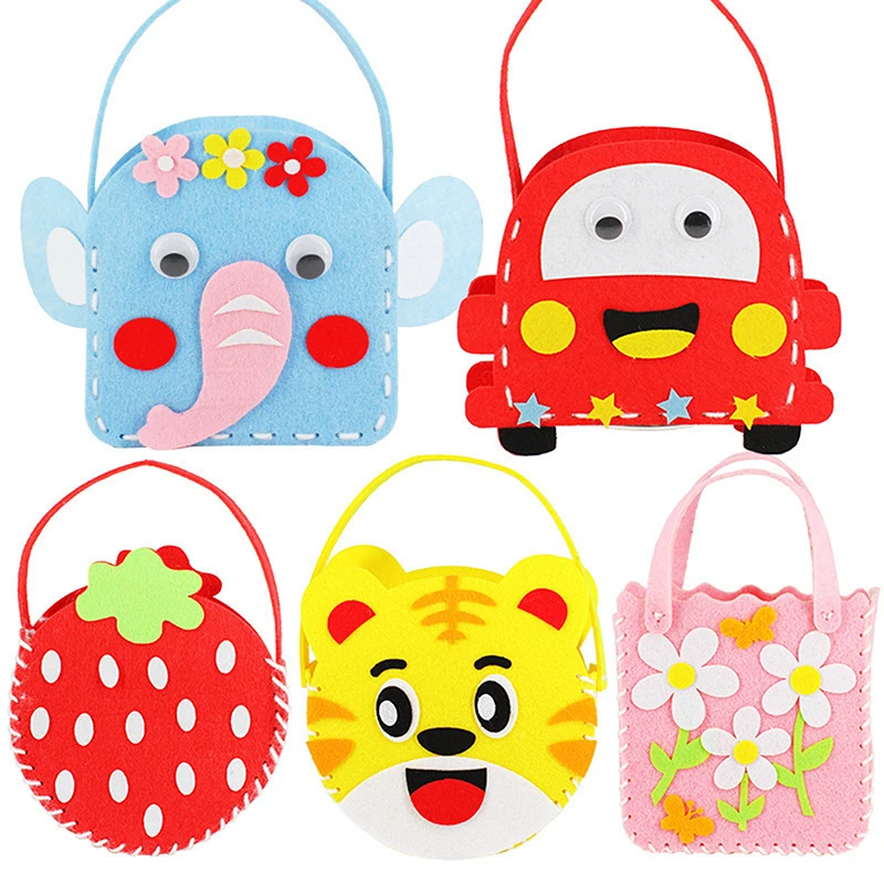 

6Pcs Kids DIY Sewing Handbag Kit, Non-Woven Fabric Cartoon Animal Flower Butterfly Craft Toy, Educational Handmade Bag Set