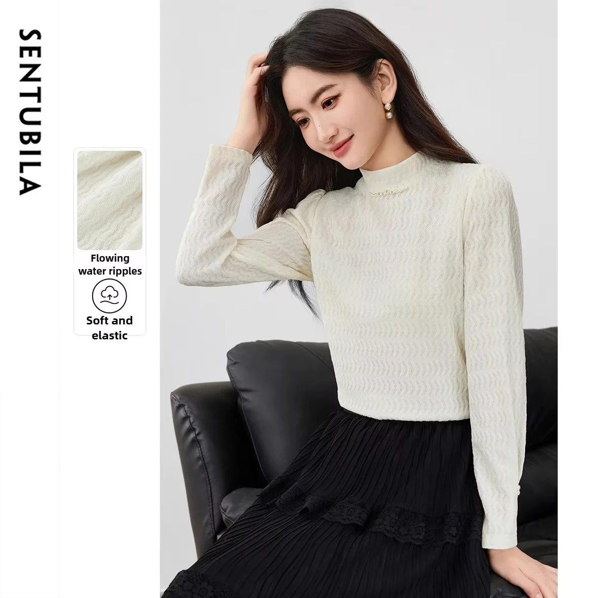 

SENTUBILA Water Ripple футболка с длинными рукавами, женские осенние футболки с полуводолазкой 202, повседневный эластичный вязаный женский топ 153TA2929