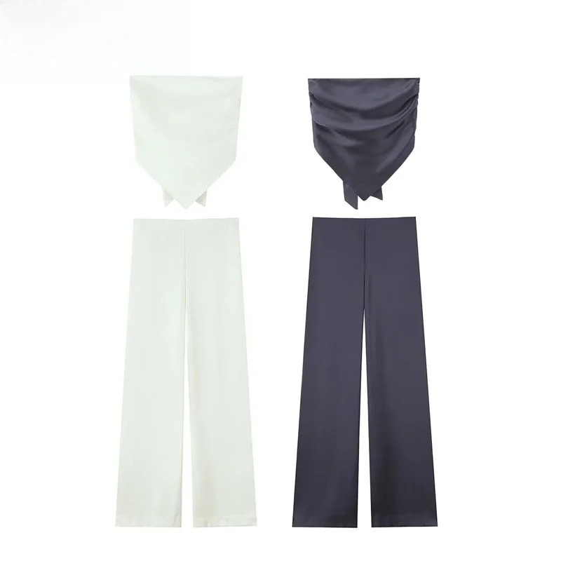 

ZBZR Spring New Women's Sle Thin Scarf Silk Satin Casual Pants Long Sve round Ne Tee-piece Set Faion Outfit