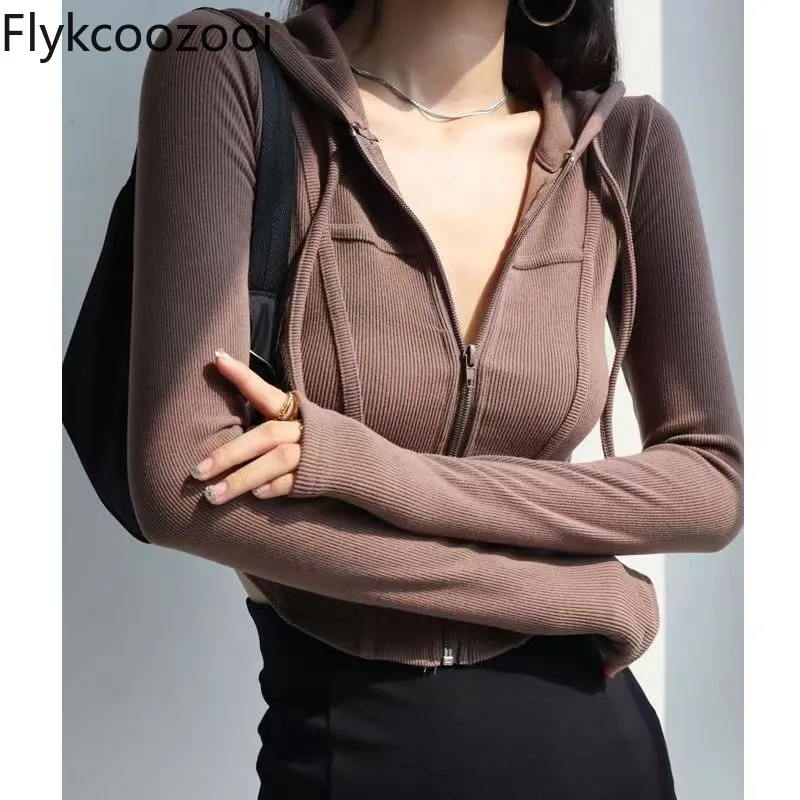 

Y2k Screw Thread Hoodie Zipper Tight Thin Coat Women Long Sleeve Waisted Short Jacket Crop Top Spring Casual Slim Cardigan