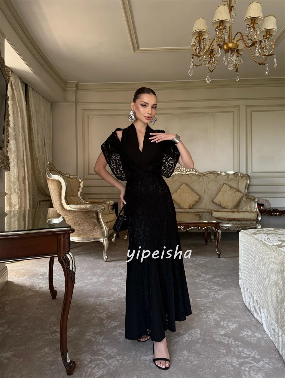 ชุดเดรสยาวแฟชั่นคุณภาพสูงแบบกำหนดเอง ผ้าเจอร์ซีย์แต่งระบายลูกไม้ ทรงตรง เปิดไหล่ ชุดเดรสสำหรับโอกาสพิเศษสั่งตัด คลาสสิก เซ็กซี่