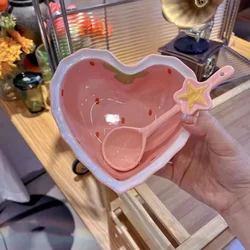 Creative Strawberry Shape Bowl Cute Pink Spoon Heart-shaped Ceramics Anti-scald Instant Noodle Bowl Kitchen Cooking Tools 1/2Pcs