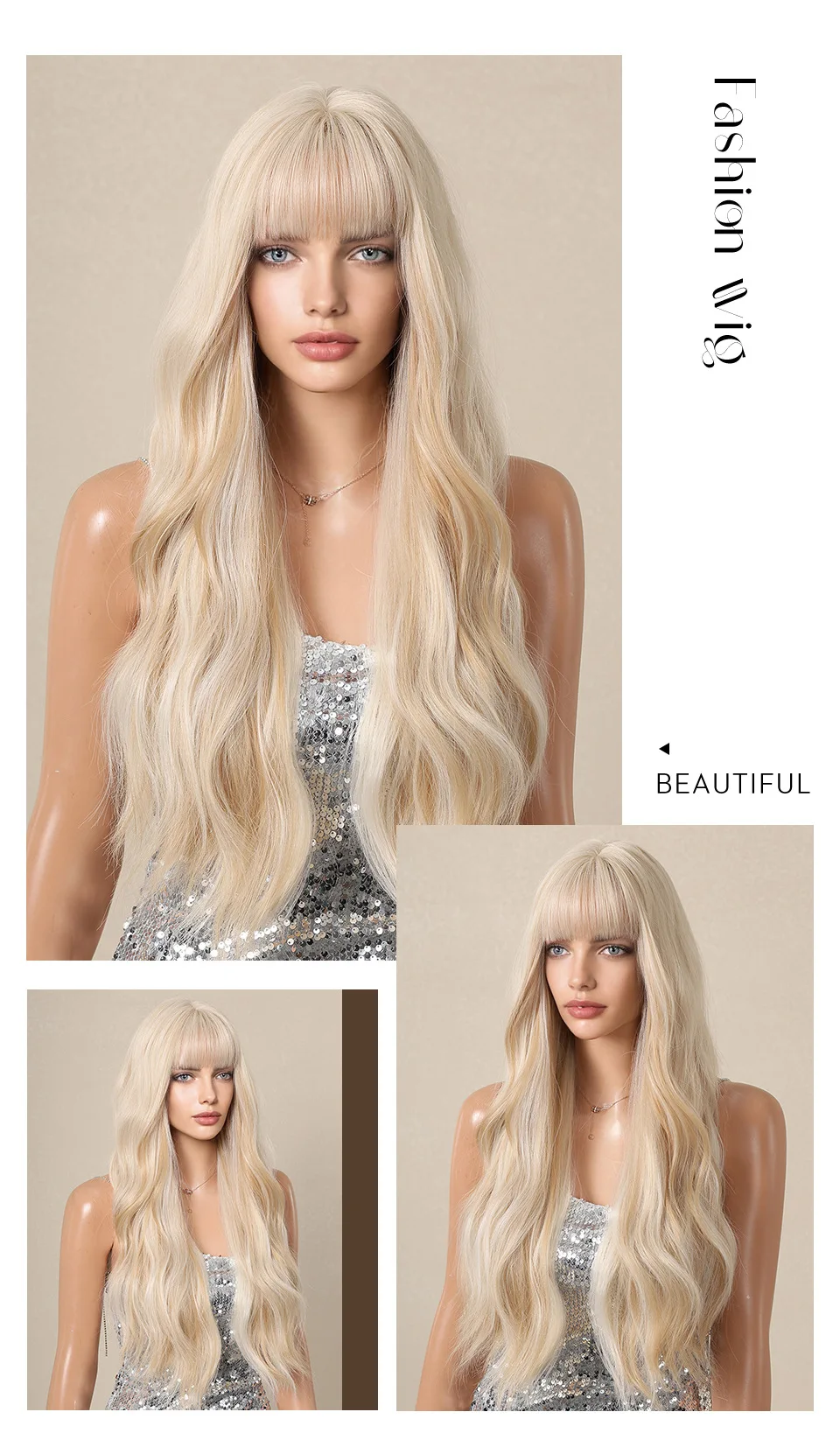 European and American white gold Barbie style big wave long curly hair fluffy shaved wig full set